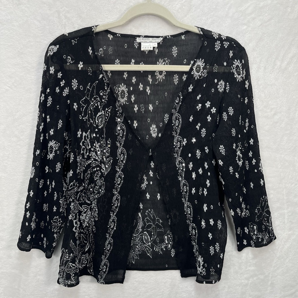 Alberto Makali Crinkle Cardigan Womens Large Floral Sequin Whimsigoth Y2K
